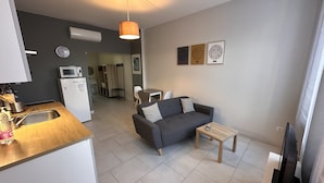 Un espace de vie compact comprenant un coin cuisine, un canapé gris, une petite table et un téléviseur.