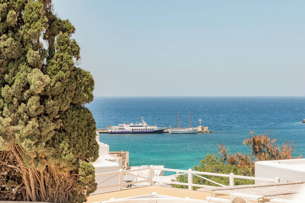A coastal view with a boat docked near the shore, a tree in the foreground, and a clear sky.