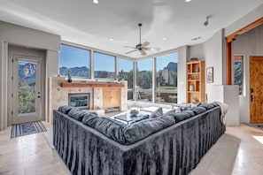 Smart TV, fireplace, books