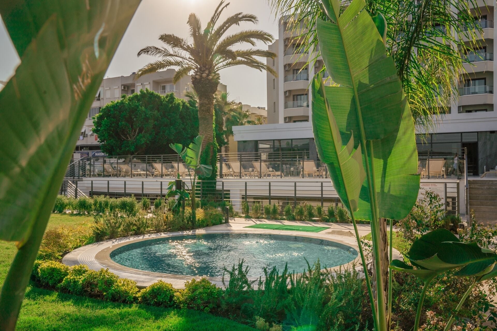 Ein runder Pool, umgeben von üppiger Vegetation und Palmen, mit einem modernen Gebäude im Hintergrund.