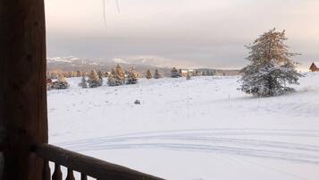 A snowy landscape with a wooden cabin and a snow-covered tree.