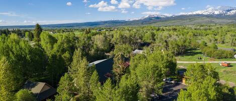 A lodge surrounded by dense forest with a mountain range in the background.