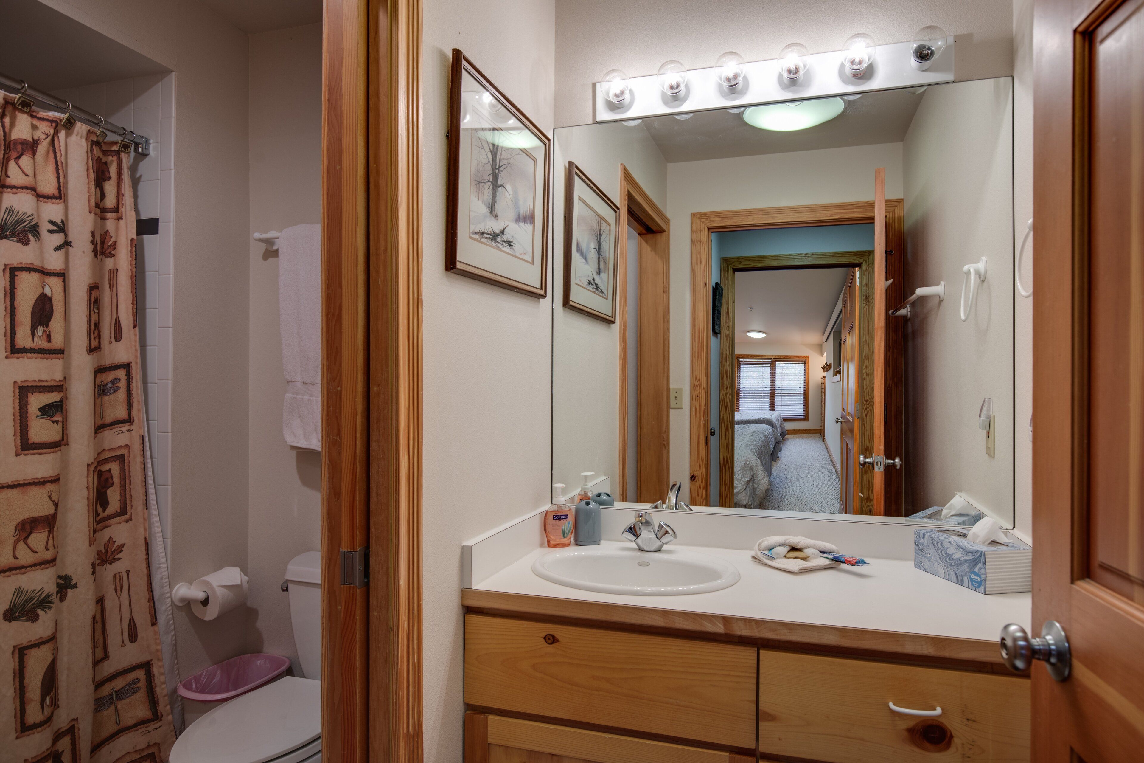 Une salle de bain avec un meuble-lavabo en bois, un évier, un miroir avec éclairage intégré et des tableaux encadrés accrochés au mur.