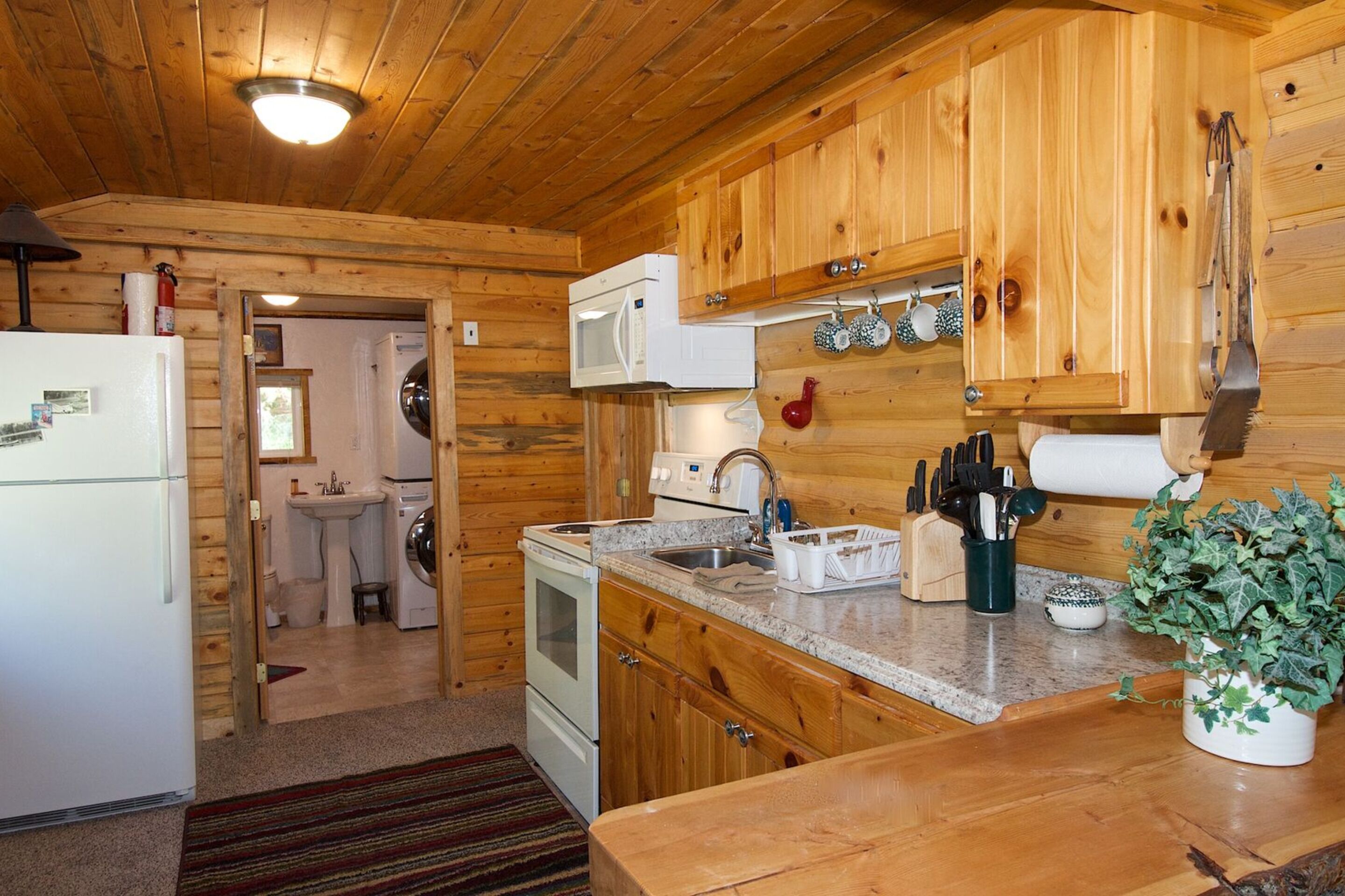 Une cuisine rustique aménagée dans une cabane en bois, comprenant un réfrigérateur, une cuisinière, un évier et un four à micro-ondes.