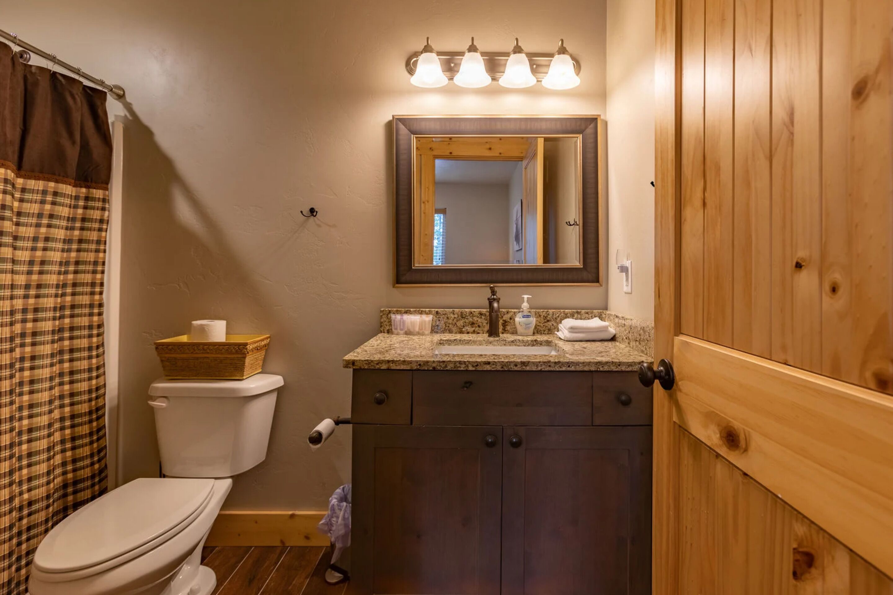 Une salle de bain avec un meuble-lavabo en bois, des toilettes, un miroir et un rideau de douche.