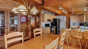 A wooden interior with a dining table, chairs, and a kitchen area with appliances. - Grand View Retreat (Island Park)