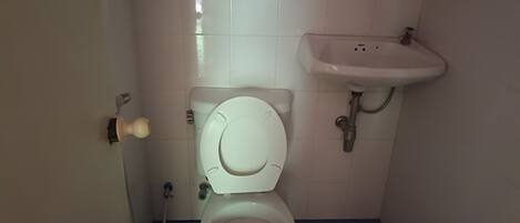 A bathroom with a toilet, a sink, and a shower.