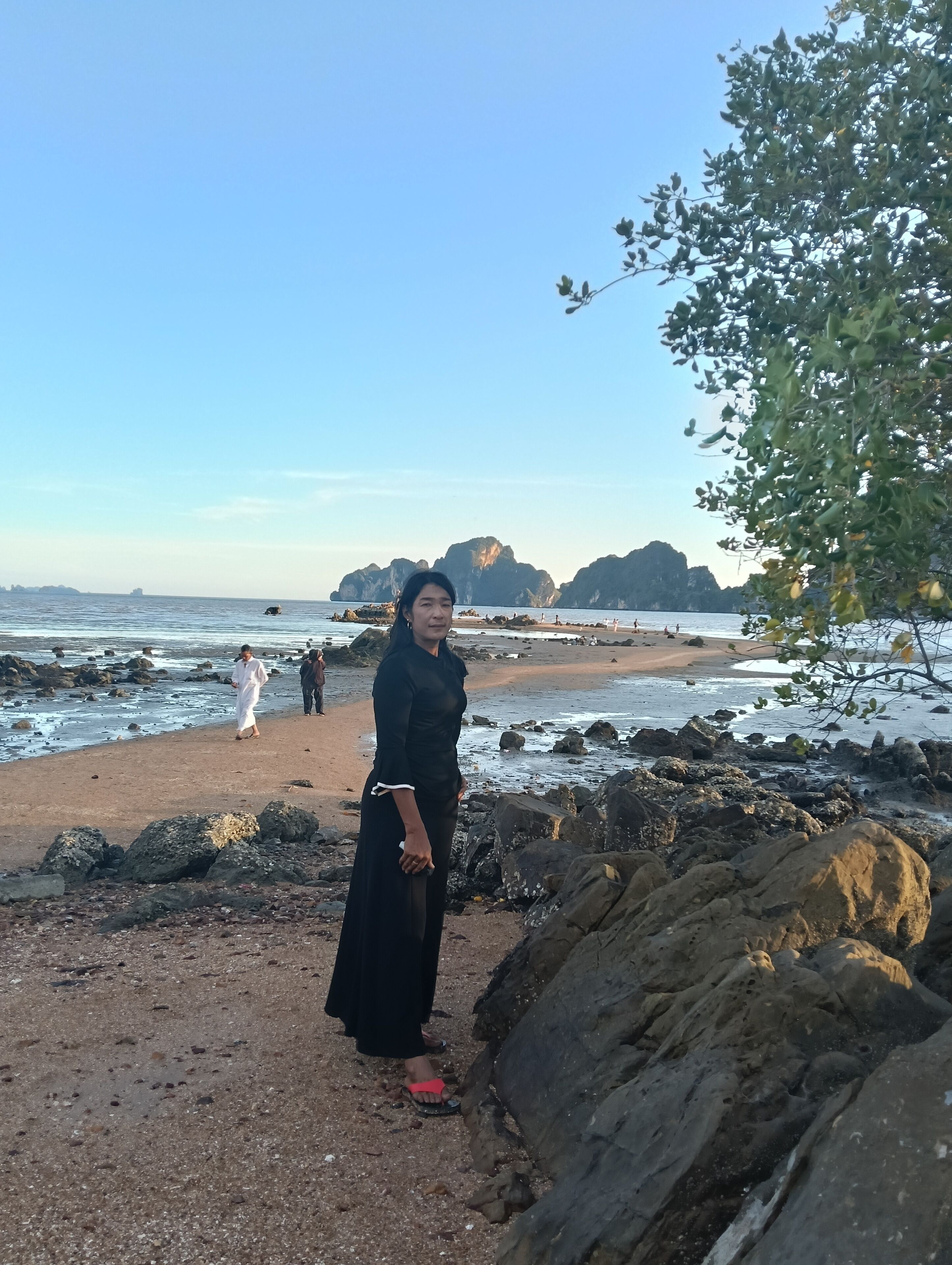 A rocky beach with a person standing in the foreground.