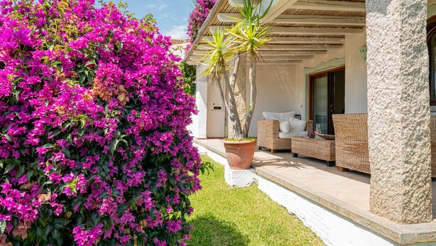 A well-maintained garden with vibrant bougainvillea flowers, a wicker sofa, and a stone pillar. - Casa Hermes (Olbia)