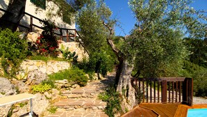 A wooden deck leading to a pool, surrounded by stone steps and greenery. - Pisa/Lucca - Perfect Location - Entire Property - Tower View - Fabulous Pool (Pisa)