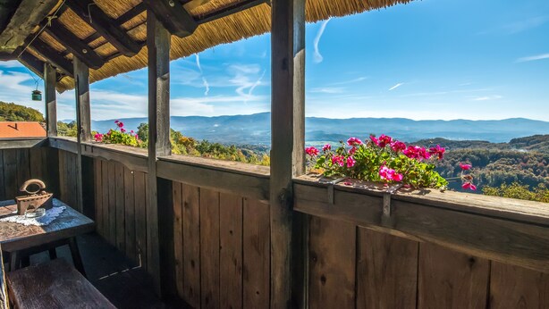 A wooden deck with a thatched roof, overlooking a mountainous landscape. - Vineyard Cottage Škatlar 1 (Novo Mesto)