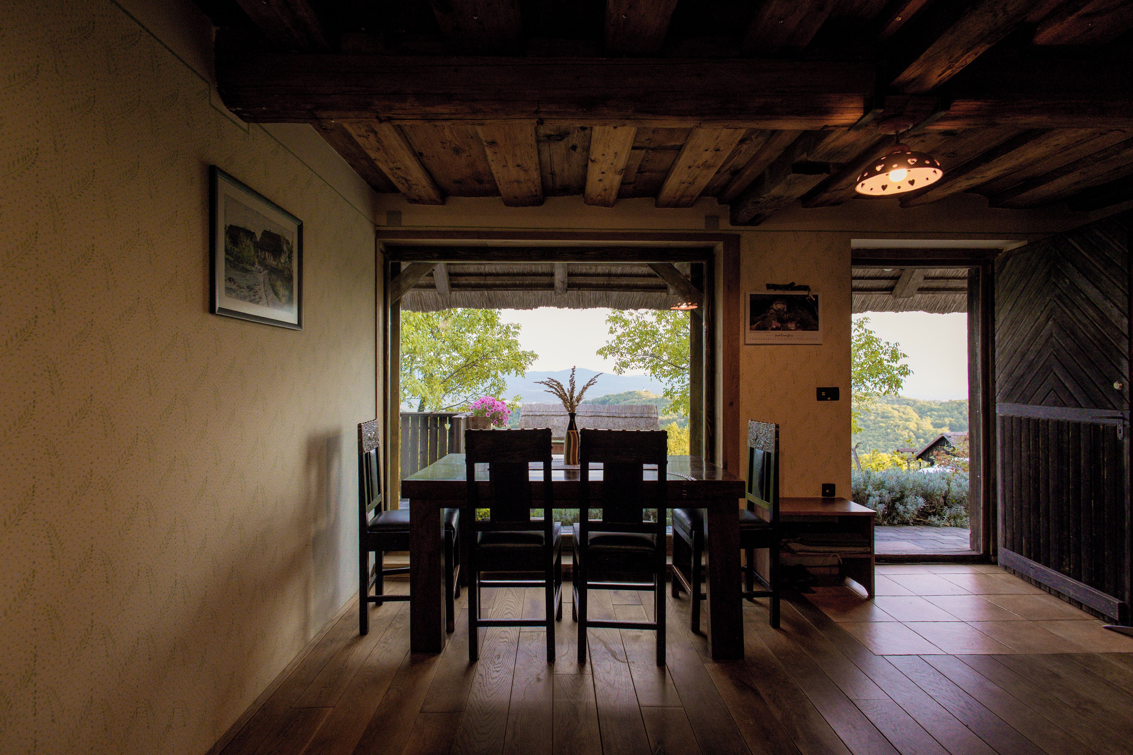 A dining area with a wooden table and chairs, a framed picture on the wall, and a view of greenery outside.