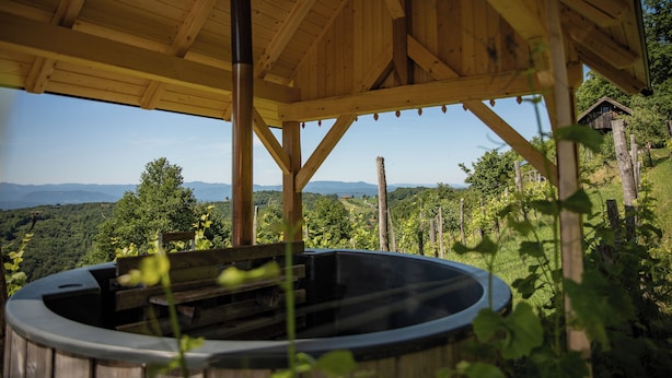 A wooden hot tub under a covered area with a view of a lush landscape. - Vineyard cottage Škatlar 3 (Novo Mesto)