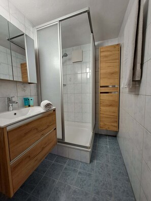 Shower, hair dryer, towels
