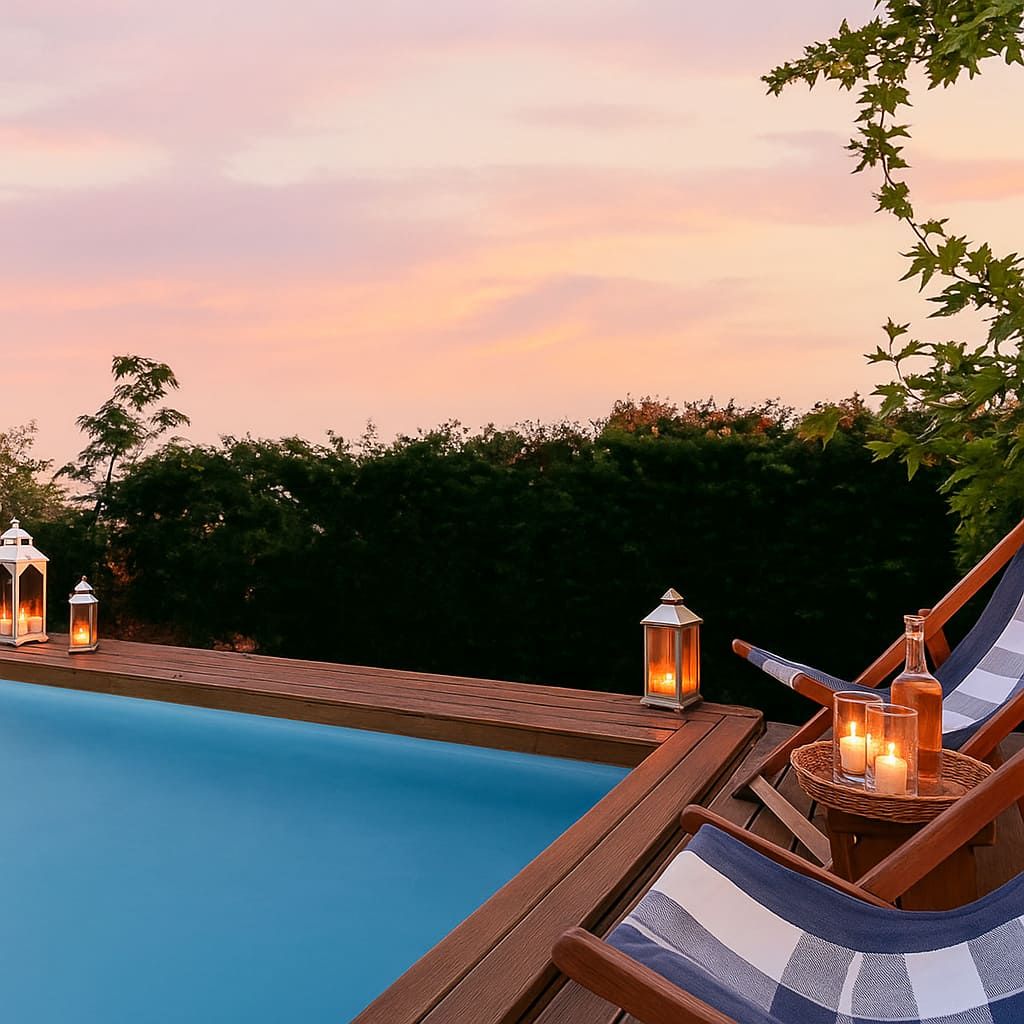 A poolside area with lounge chairs and lanterns.