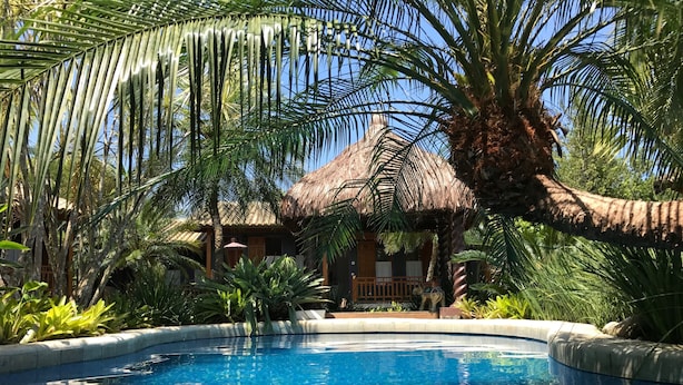 En swimmingpool med en bindingsværksbygning i baggrunden, omgivet af frodig vegetation.