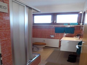 Bathtub, hair dryer, towels, soap