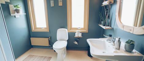 Un baño con inodoro, lavamanos y dos ventanas.