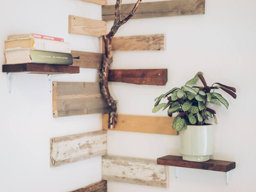 A wall with wooden planks arranged in a staggered pattern, a small shelf with books, and a potted plant.