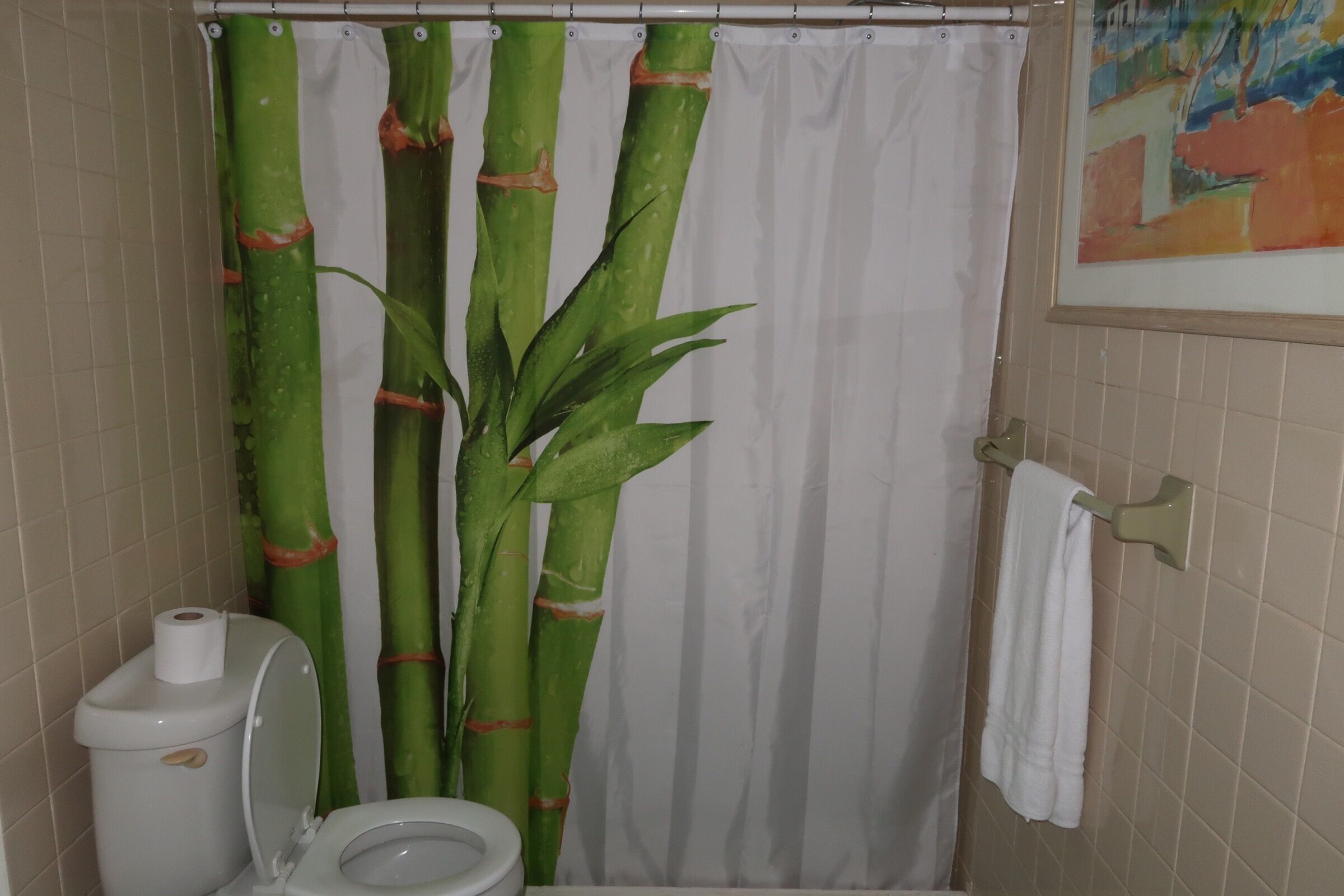 A bathroom with a toilet, bamboo curtain, and a towel rack.
