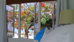 A bed with white bedding and a blue pillow with a striped pattern. - Ocean Front Property - Villa 1 Aruba (Savaneta)