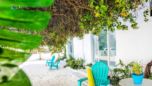 Un patio frente a la playa con sillas turquesas, una mesita y plantas en macetas.