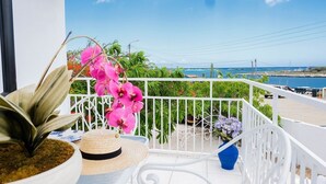 A balcony with a view of the sea, potted plants, and a white railing. - Ocean Front Property - Villa 5 Aruba Stunning (Savaneta)