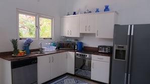 A modern kitchen with white cabinets, stainless steel appliances, and a blue patterned rug.