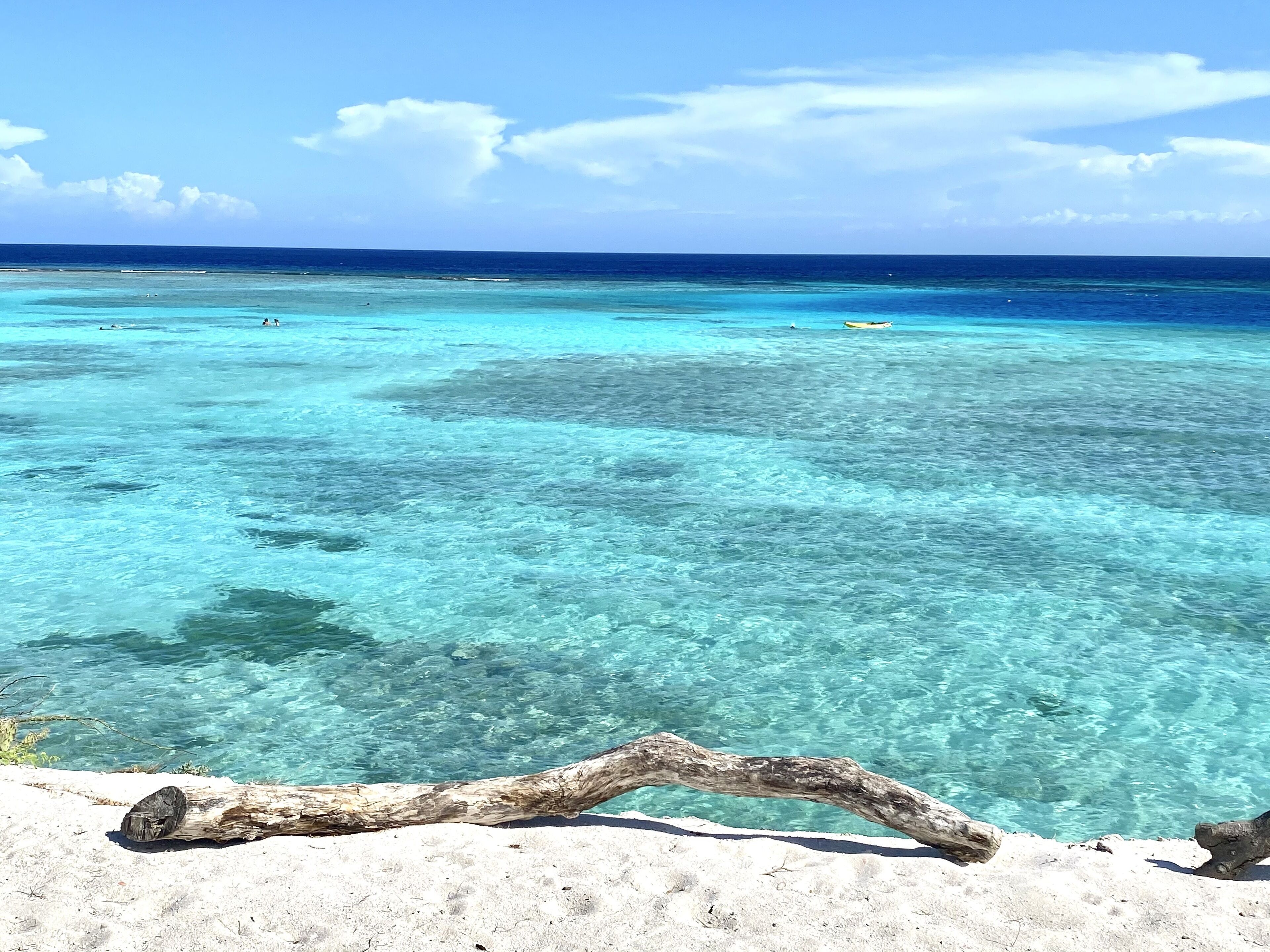 A clear view of a beach with turquoise water and a sandy foreground.