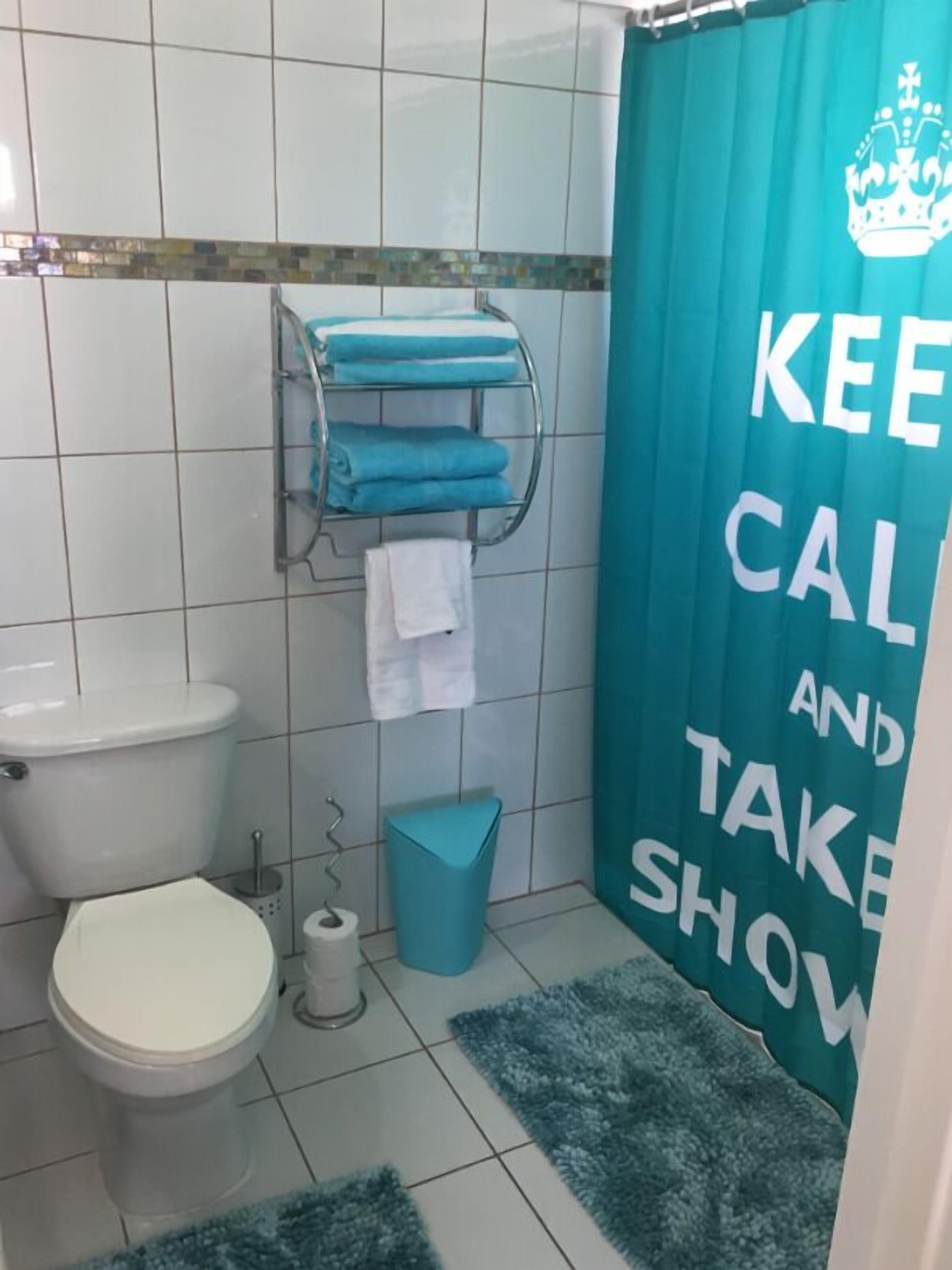 Een badkamer met toilet, een handdoekrek met handdoeken, een blauwe prullenbak en een douchegordijn met een tekst.