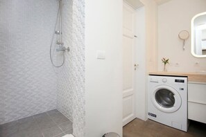 Shower, hair dryer, towels