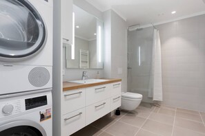 Shower, hair dryer, towels