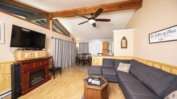 Smart TV, fireplace, DVD player, books