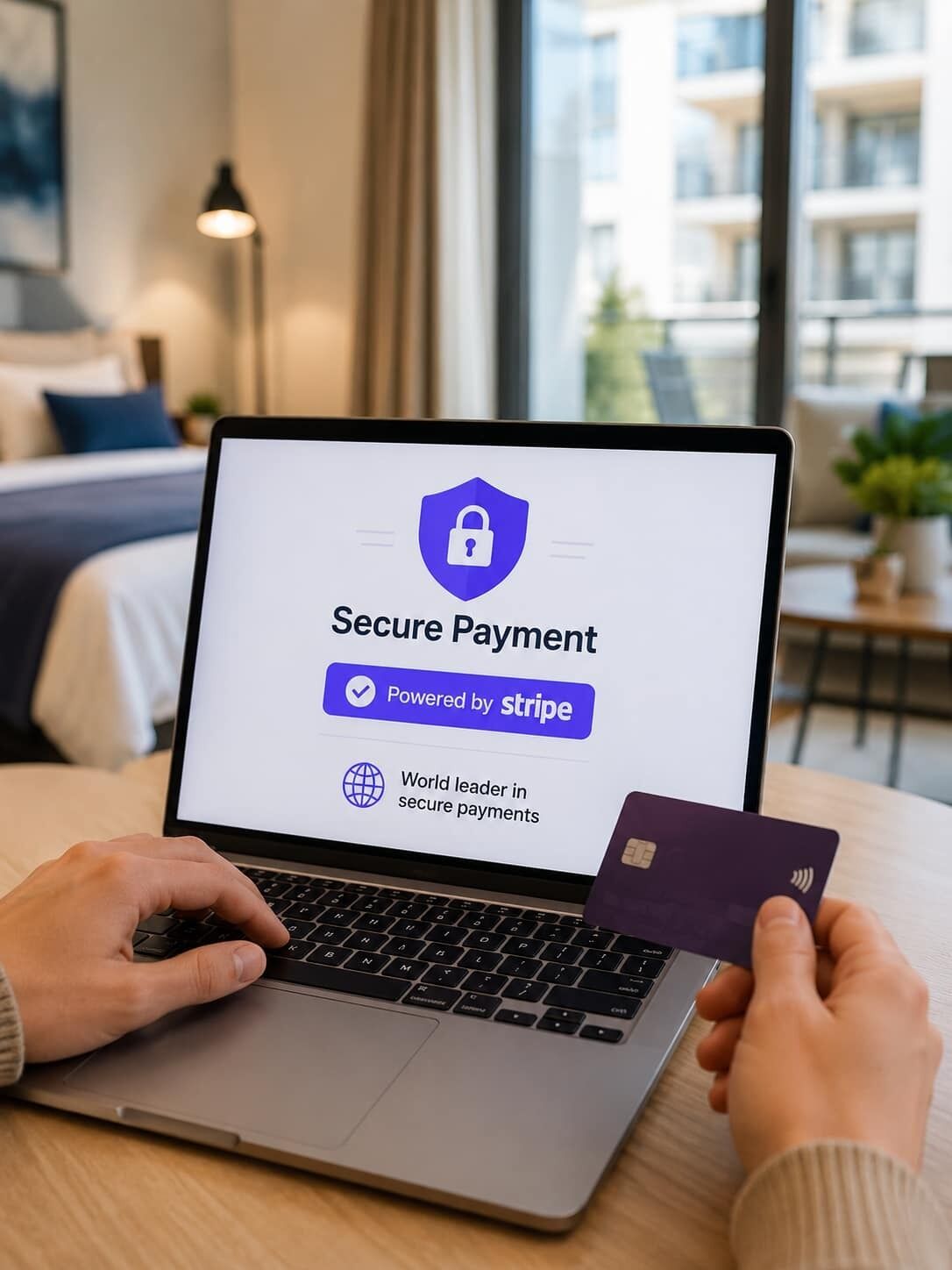 Iemand gebruikt een laptop, de beeldscherm toont 'Secure Payment' aangedreven door Stripe, en houdt een creditcard vast.