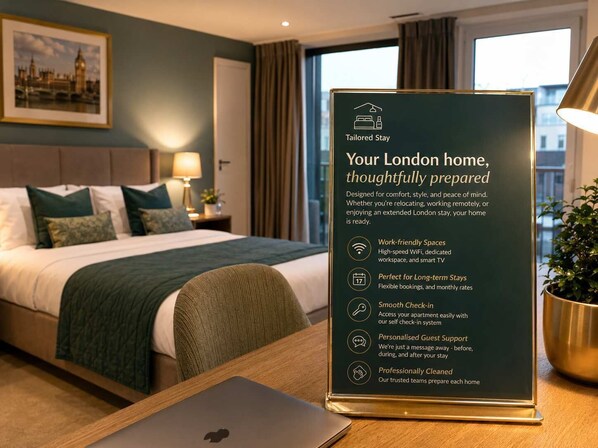 A hotel room with a bed, a desk with a laptop, a framed picture on the wall, and a sign detailing room features.