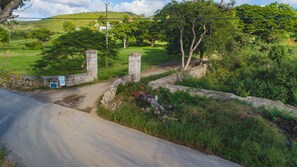 A rural road with stone walls and greenery.