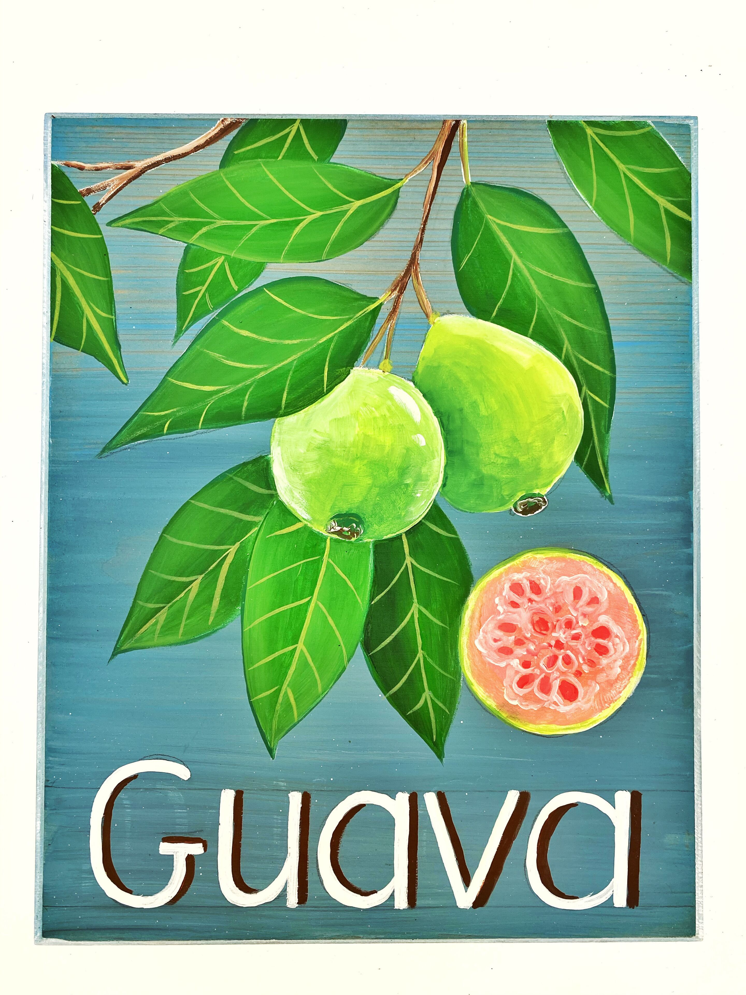 A poster with guava fruits and leaves, and the word "Guava" written below.