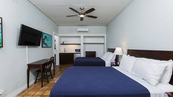 Desk, laptop workspace, free WiFi, bed sheets