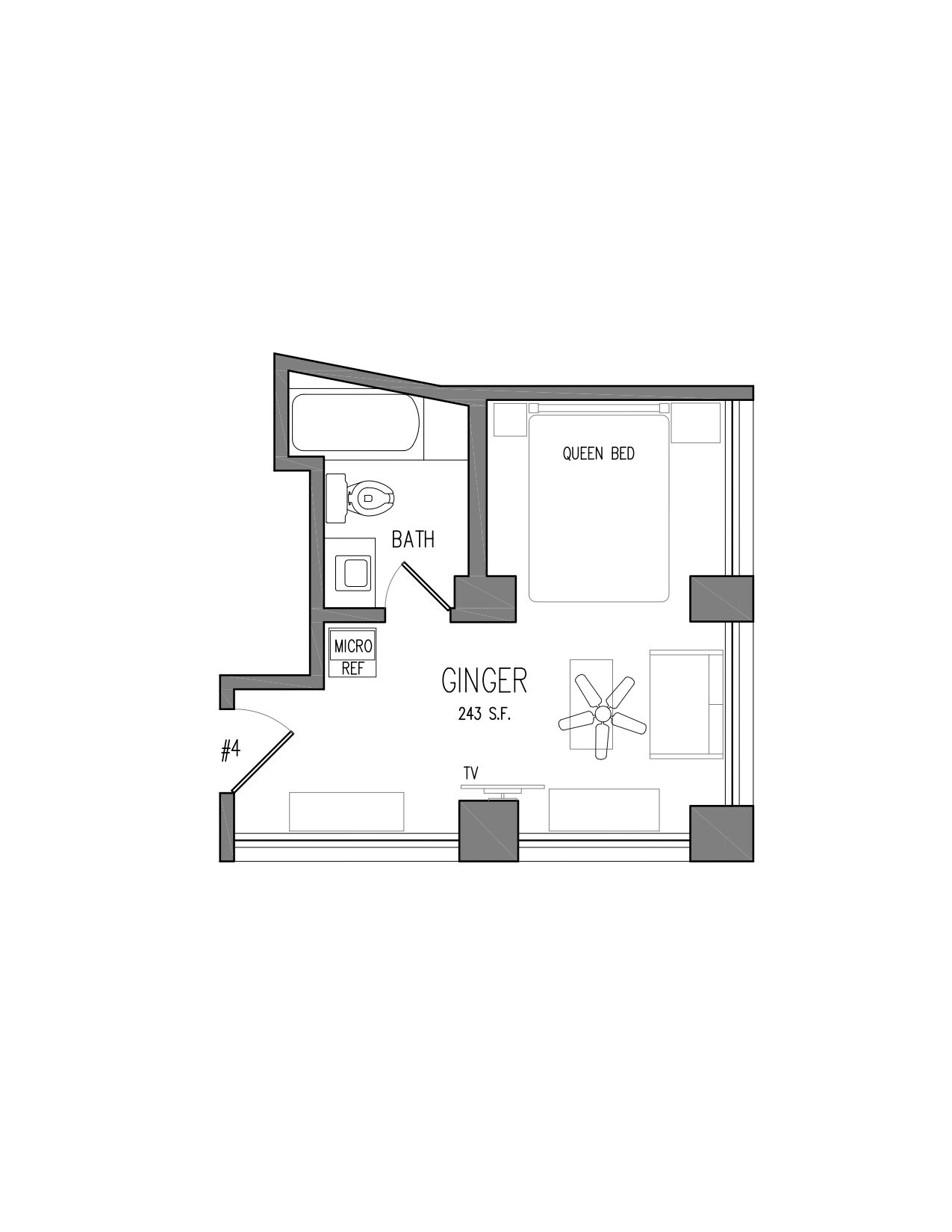 Plànol d'una habitació d'hotel amb el nom 'GINGER 243 S.F.', que inclou un llit queen, una televisió, un bany i un mini frigorífic.