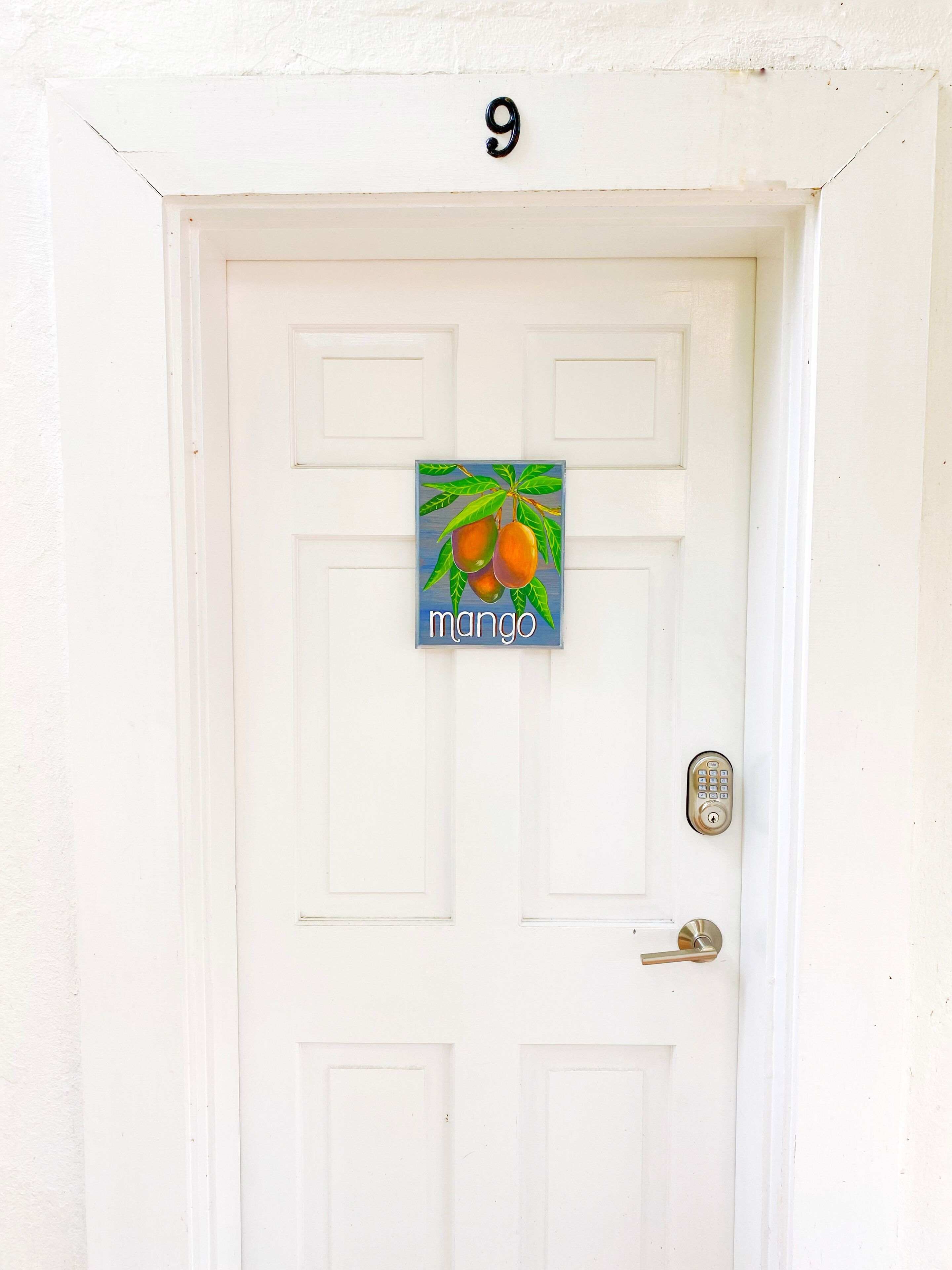 A white door with a number 9 above it, a keypad lock, and a mango-themed sign.