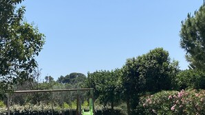 A playground with swings and a slide in a grassy area with trees and bushes.