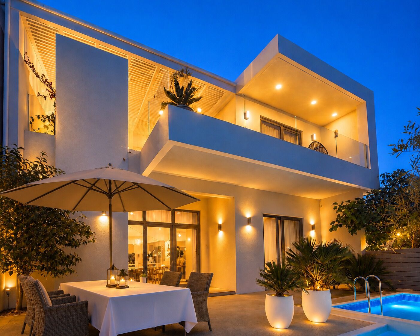 A modern two-story building with a pool, outdoor seating, and ambient lighting.