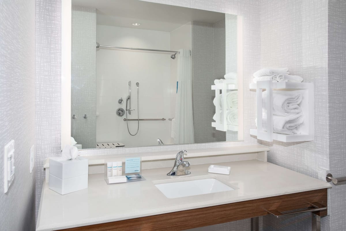 room, 1 king bed with sofa bed, accessible, bathtub (refrigerator) | bathroom shower