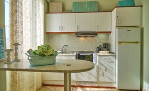 Fridge, oven, stovetop, coffee/tea maker