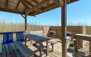 Outdoor dining - Three balconies, ocean views, private beach access & fishing pier on lagoon too! (Gulf Shores)