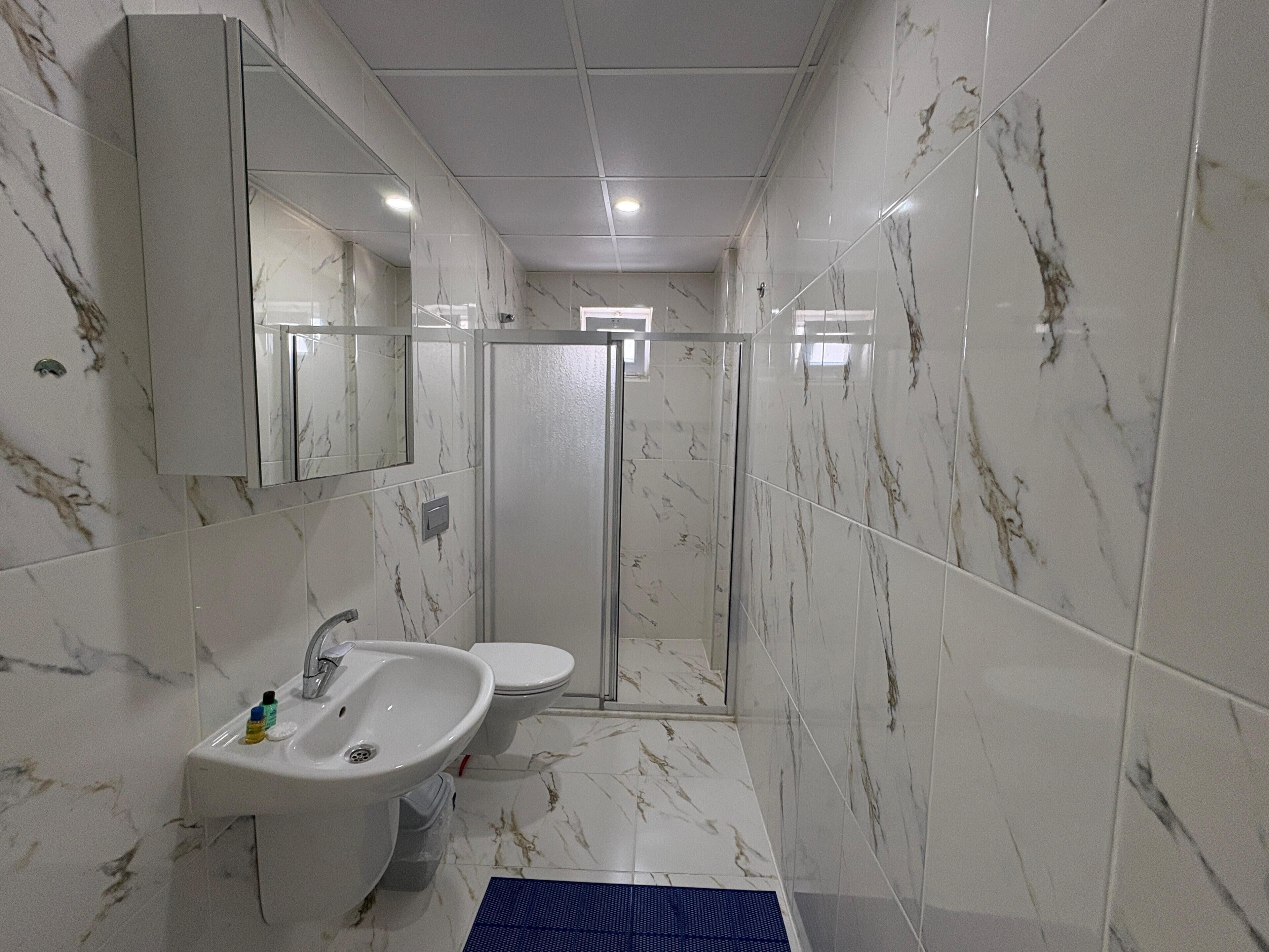 A bathroom with a sink, mirror, toilet, and shower.