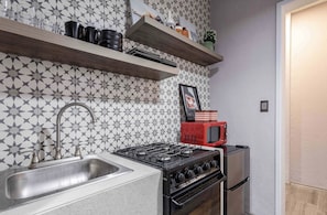 Design appartement, toegankelijk voor mindervaliden, keuken | Privékeuken | Een koelkast, een magnetron, een oven, een kookplaat