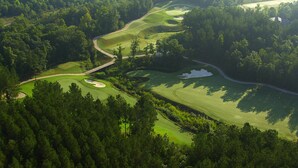 Vue aérienne d’un terrain de golf entouré d’une forêt dense.