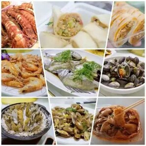 A collage of seafood dishes including shrimp, clams, and mussels. - Yi Shu Jing Pin Holiday Hotel (Shanwei)