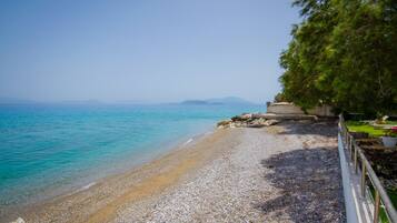 On the beach, sun loungers, beach towels
